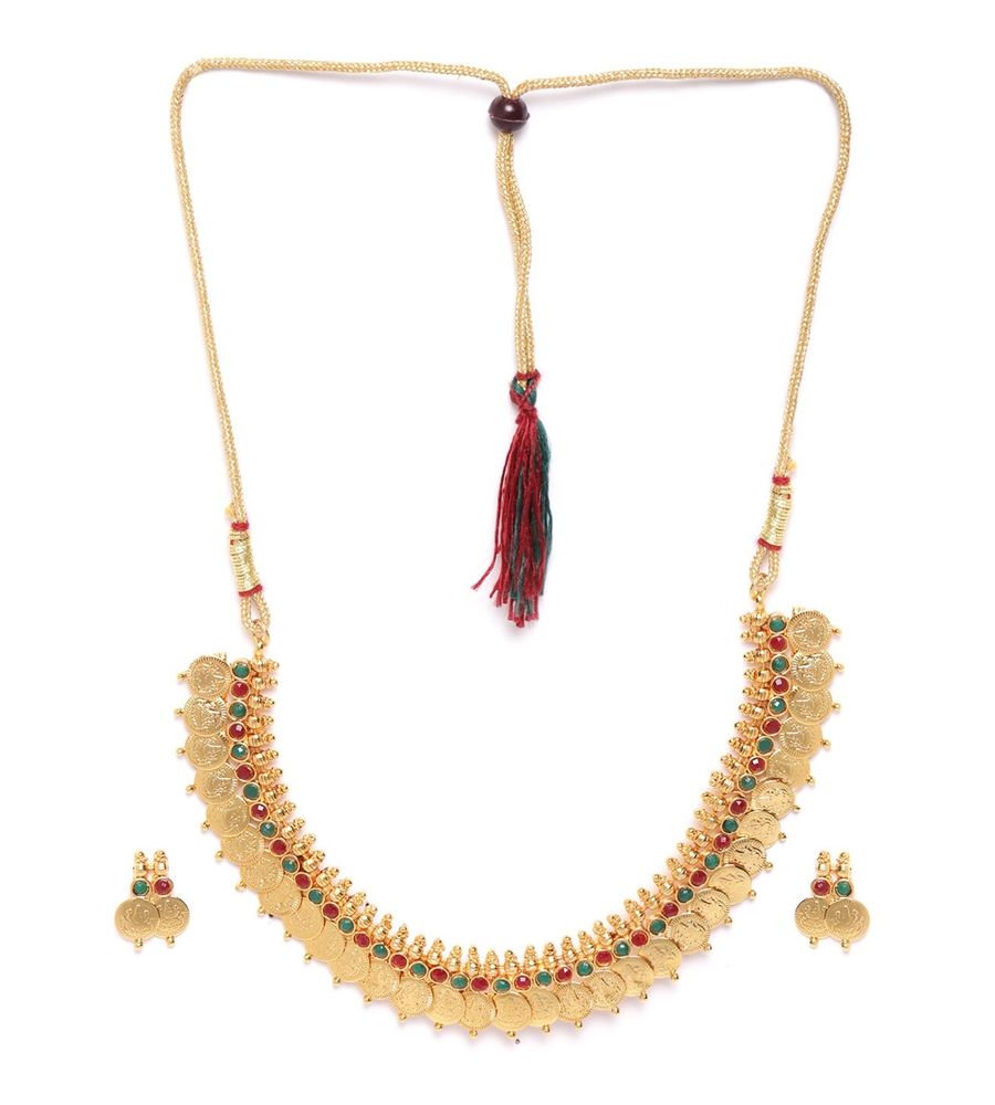 YouBella All Time Combo of Red Green Long Traditional Maharani Coin Jewellery Set and Red Green Coin Necklace Set